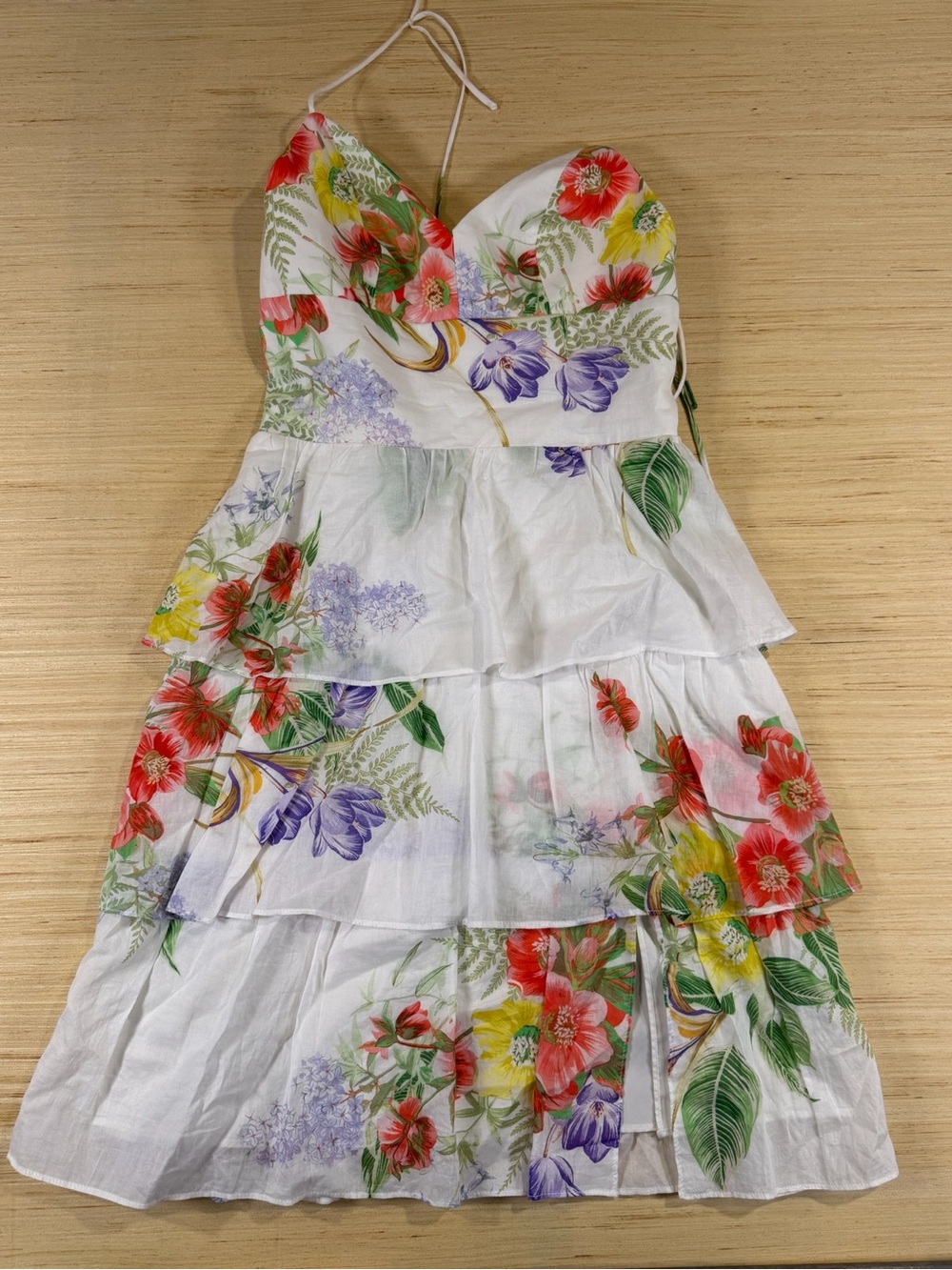 White Tiered Floral Sundress with Red, Yellow & Purple Blooms - Picture 1 of 5